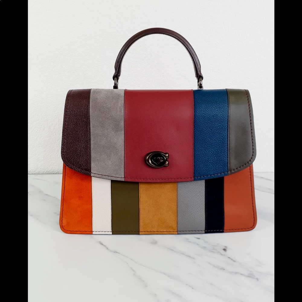 Coach Parker Tophandle 32 with Patchwork Stripes Black Leather with Suede